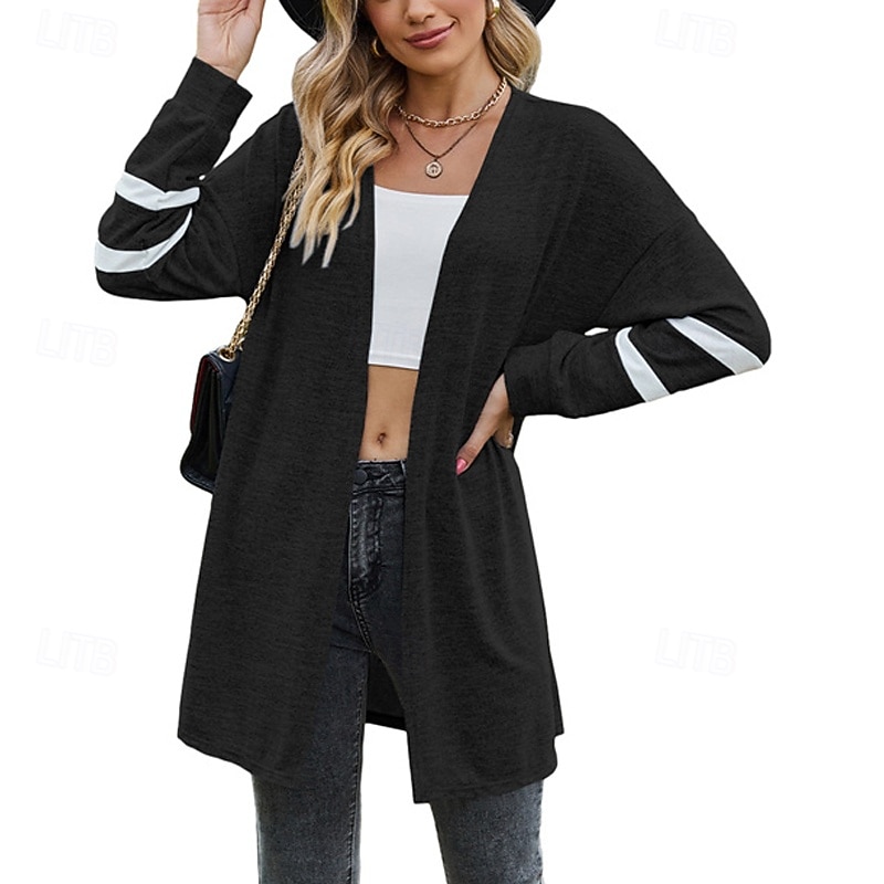 Women's Sweater Cardigan Fashion Streetwear Daily Color Block Ribbed Open Front Knitted Long Sleeve Long Tops Knit Holiday Going out Weekend Black Pink Fall Winter