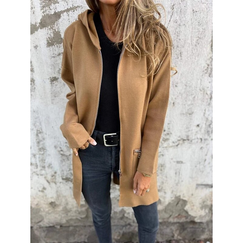 Women's Hoodie Jacket Comfortable Breathable Zipper Pocket Fashion Daily Plain Outdoor Casual Daily Zipper Regular Hooded Regular Fit Long Sleeve Outerwear Black Red Camel Spring Fall4