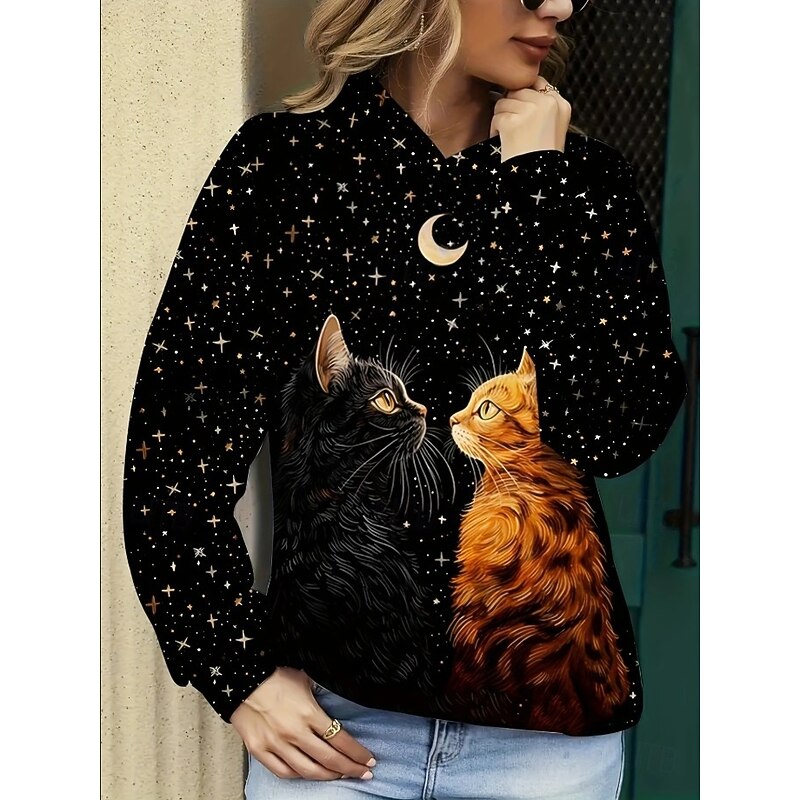 Women's Hoodie Pullover Sweatshirt Oversized Long Sleeve Casual Graphic Animal Cat Vintage Fashion Western Hooded Regular Tops Street Dailywear Holiday Print Front Pocket Black Fall Winter3
