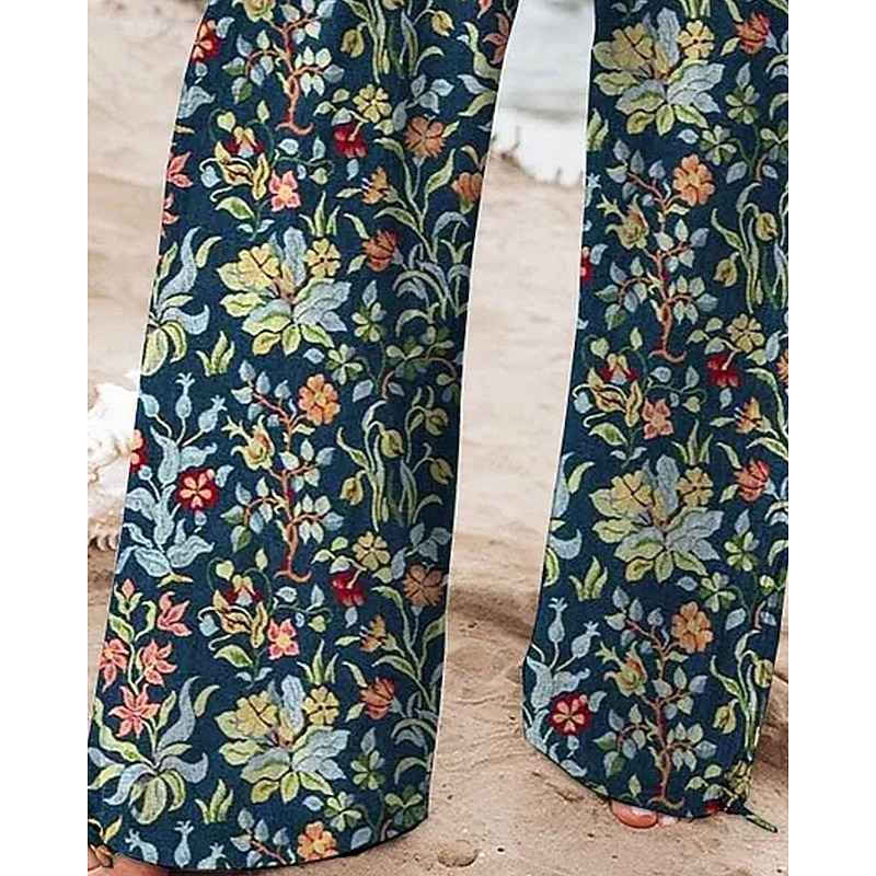 Women's Wide Leg Pants Trousers Palazzo Pants Fashion Boho Full Length High Waist Flower Elastic Waist Drawstring Print Breathability Comfortable Street Daily Wear Going out Dark Blue Spring Fall3