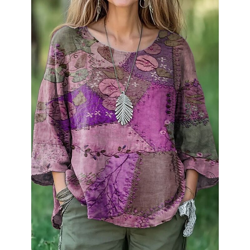 Women's Blouse Floral Retro Vintage Ethnic 3/4 Length Sleeve Crew Neck Regular Tops Daily Holiday Print Blue Purple Brown Summer Spring Fall