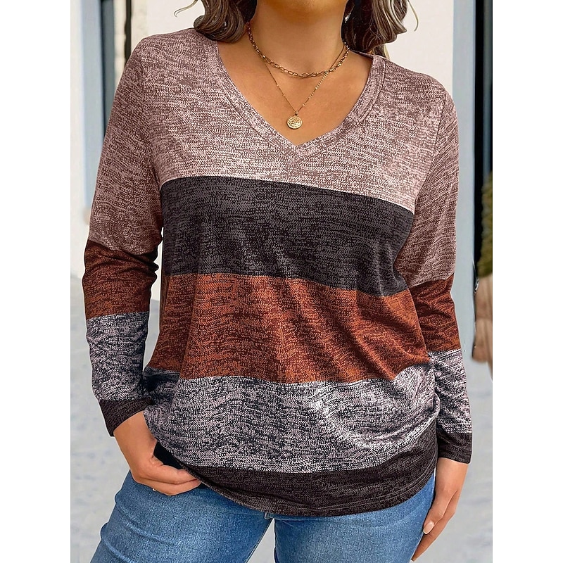 Women's Plus Size Tops T Shirt Geometry Print Long Sleeve V Neck Casual Daily Polyester Fall Winter Yellow Blue