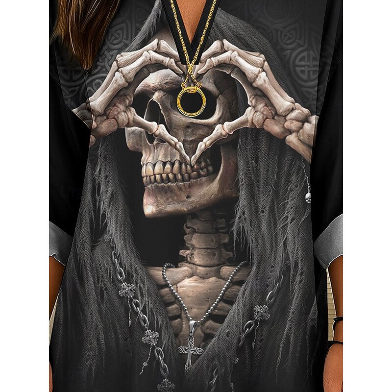 Halloween Women's Blouse Skulls Print Tunic V Neck Long Sleeve Boho Casual Heart LOVE Graphic Vintage Stylish Regular Tops Daily Print Black White Orange Fall3