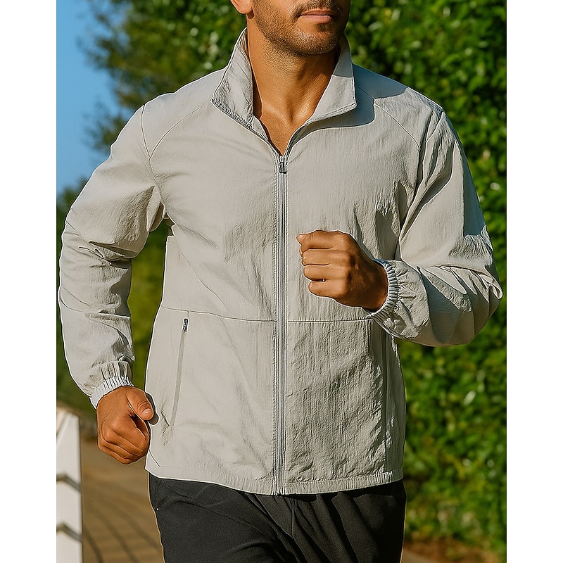 Men's Running Jacket Outdoor Jacket Pocket Long Sleeve Top Athleisure Solid Colored Waterproof Windproof Lightweight Breathable Gym Workout Hiking Running Sportswear Activewear Black Light Grey Green3