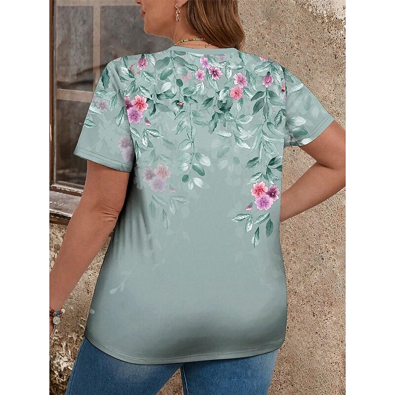 Women's Plus Size Tops T Shirt Floral Print Short Sleeve Crew Neck Casual Daily Polyester Summer Spring Blue Dark Green2