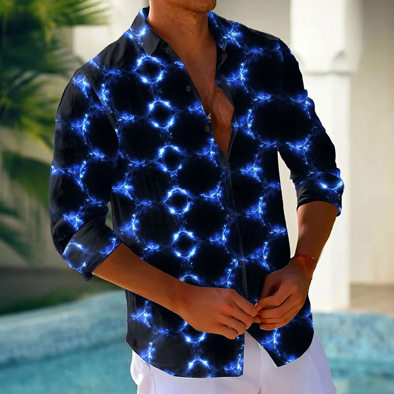 Men's Geometric Grid / Plaid Neon Glow Shirt Button Up Shirt Casual Dress Shirt Long Sleeve Fashion Casual Vacation Daily Streetwear Summer Spring Turndown 3D Print Collared Shirts Red Blue Purple4