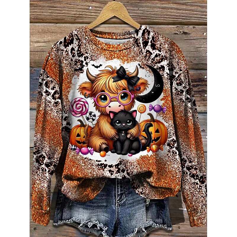 Halloween Women's Pullover Sweatshirt Graphic Cow Halloween Fashion Casual Long Sleeve Crew Neck Regular Tops Street Dailywear Casual Print Black Purple Brown Fall Winter2