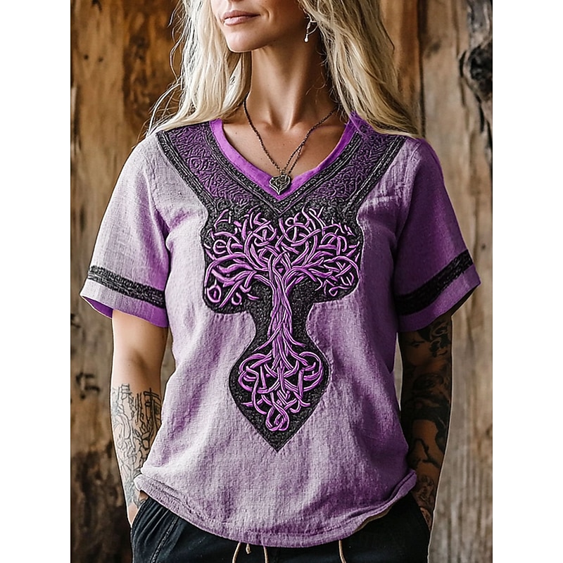 Women's T Shirt Graphic Geometric Vintage Stylish Classic Short Sleeve V Neck Regular Tops Daily Weekend Vacation Wear Print Blue Purple Green Khaki Summer Spring Fall2