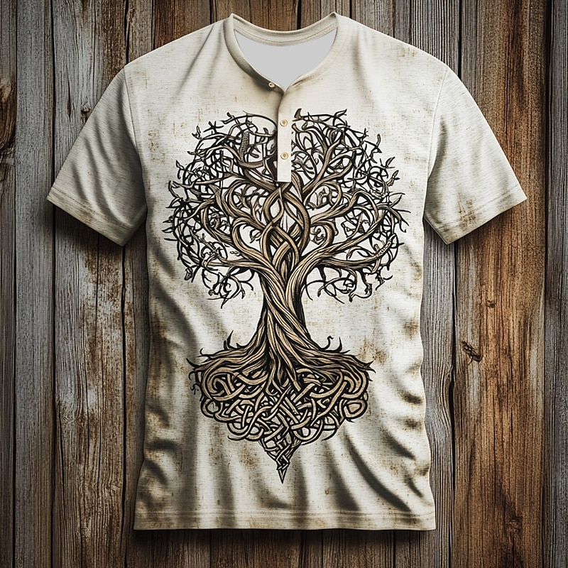 Men's Tree Pattern T Shirt Henley Shirt Short Sleeve Vintage Designer Retro Vintage Street Casual Daily Summer Spring All Seasons Pink Light Blue White Green Light Grey Henley Henley T-Shirt