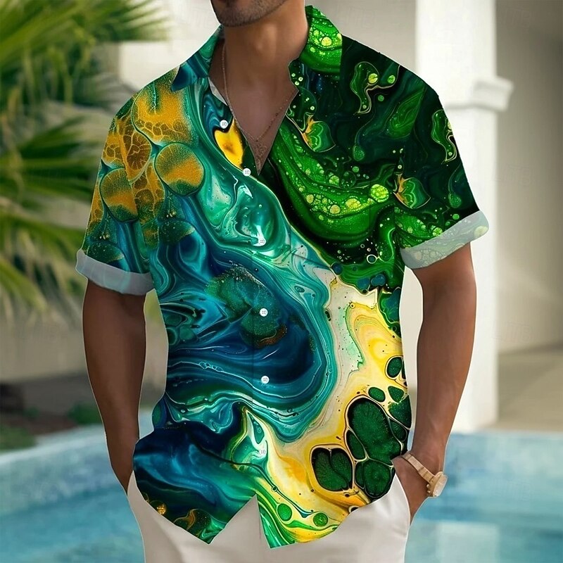 Men's Gradient Waves Marble Shirt Summer Shirt Button Up Shirt Short Sleeve Fashion Casual Outdoor Vacation Dailywear Summer Spring Turndown 3D Print Collared Shirts Front One Pocket Blue Green4