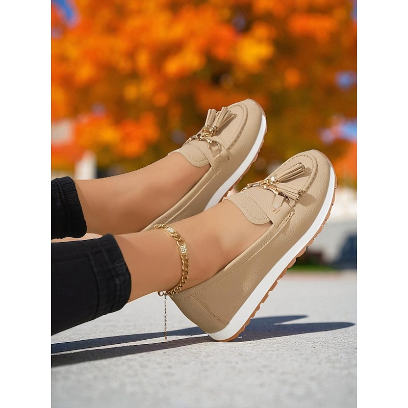 Women's Beige Faux Leather Tassel Loafers with Gold Chain - Casual Preppy Style Flat Moccasins for Ladies, Ideal for Work, Driving, and Daily Streetwear4