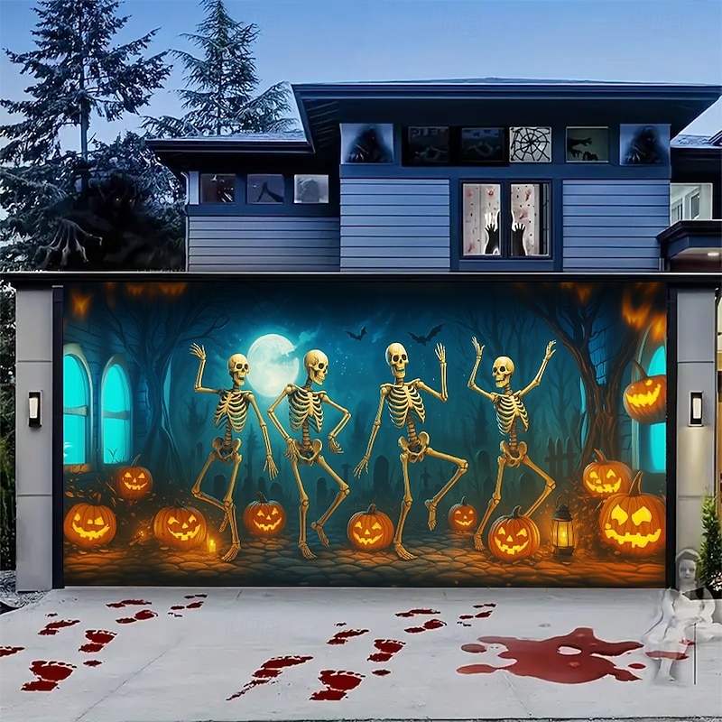 Halloween Garage Door Cover Dancing Skeletons and Pumpkins Banner, Large Tapestry Backdrop Decoration for Holiday Outdoor Garage Door and Home Wall, 2025 Halloween Decorations