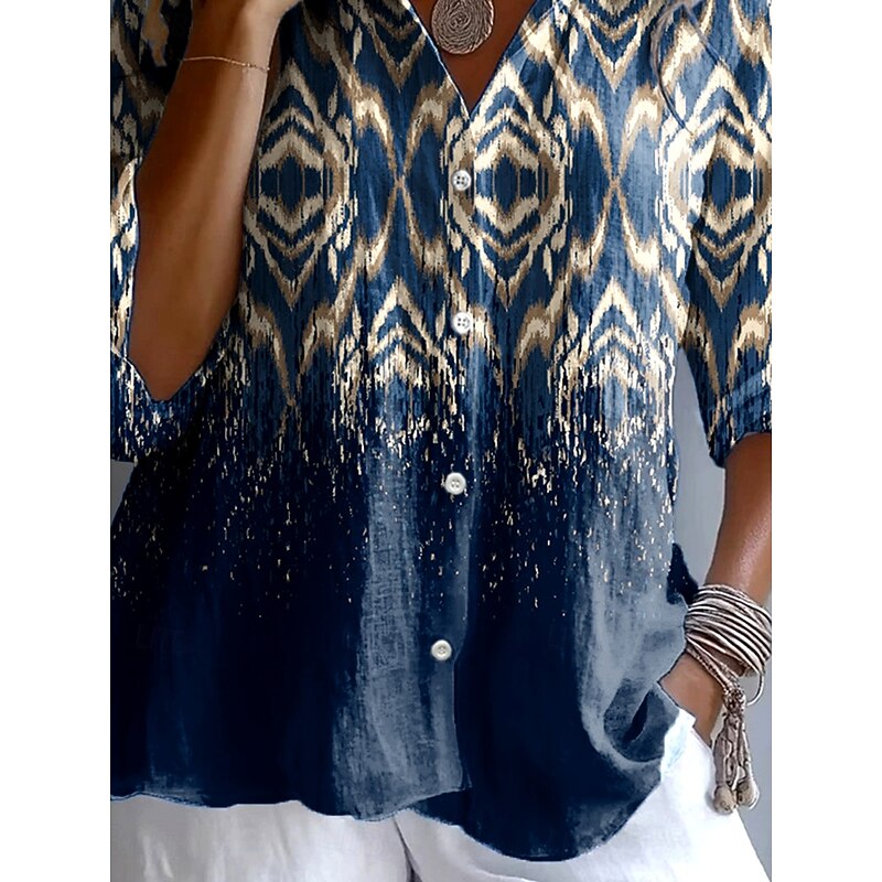 Women's Shirt Button Down Tunic Shirt Collar Long Sleeve Ombre Graphic Geometric Vintage Tropical Daily Regular Tops Work Daily Holiday s Print Navy Blue Spring Fall3
