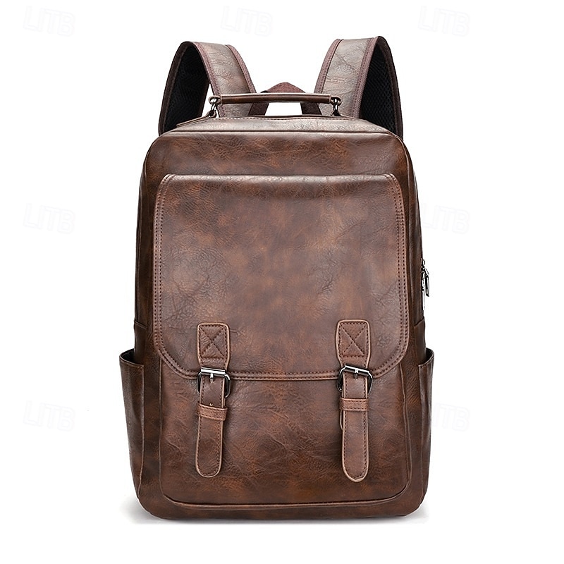 Men's Vintage Faux Leather Backpack – Large Capacity Business and Travel Bag with Buckle Straps and Laptop Compartment