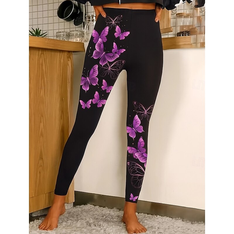 Women's Leggings Vacation Vintage Ethnic Style Ankle-Length High Waist Graphic Animal Butterfly 3D Print Quick Dry Breathability Soft Stretchy Outdoor Home Causal Yellow Blue Purple Fall Slim Fit3