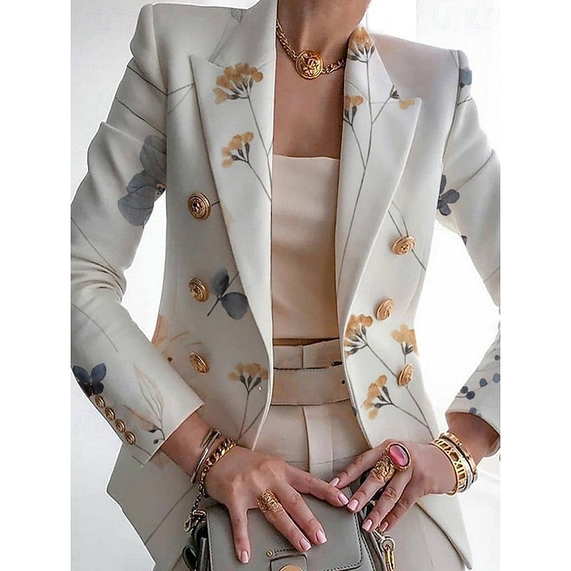 Women's Blazer Comfortable Breathable Pocket Print Casual Floral Office Street Casual Daily Wear Double Breasted Regular Turndown Regular Fit Long Sleeve Outerwear White Red Blue Summer Spring3