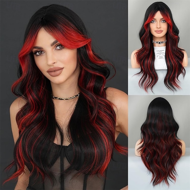 Black Red Highlight Long Wavy Wig with Curtain Bang 26 Inch Red Black Ombre Synthetic Heat Resistant with Dark Root Wig for Women  Halloween Cosplay Party Wigs