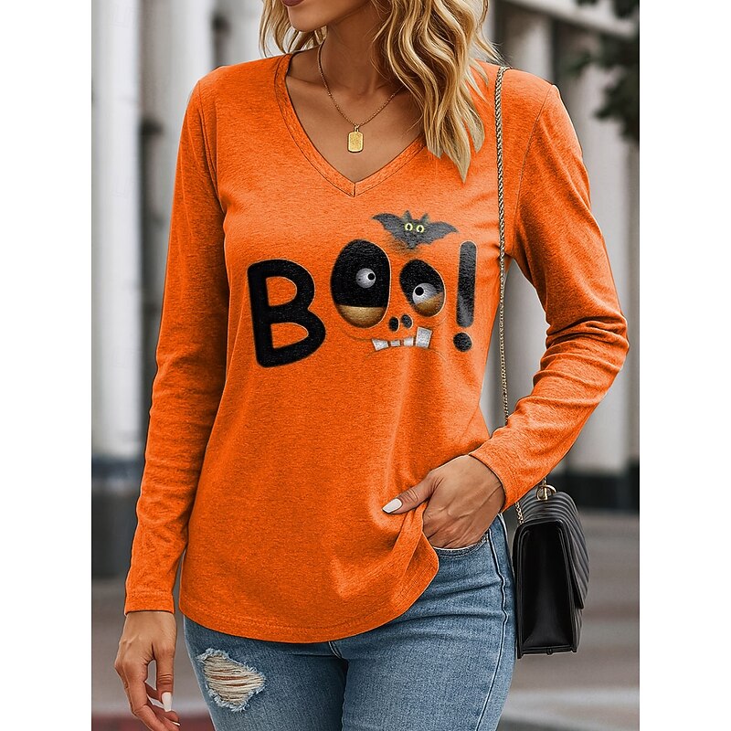 Halloween Women's T shirt Long Sleeve V Neck Long Sleeve Tunic Graphic Letter Halloween Elegant Vintage Stylish Regular Tops Daily Going out Weekend Print Blue Purple Orange Green Spring Fall Prefall - Main Image