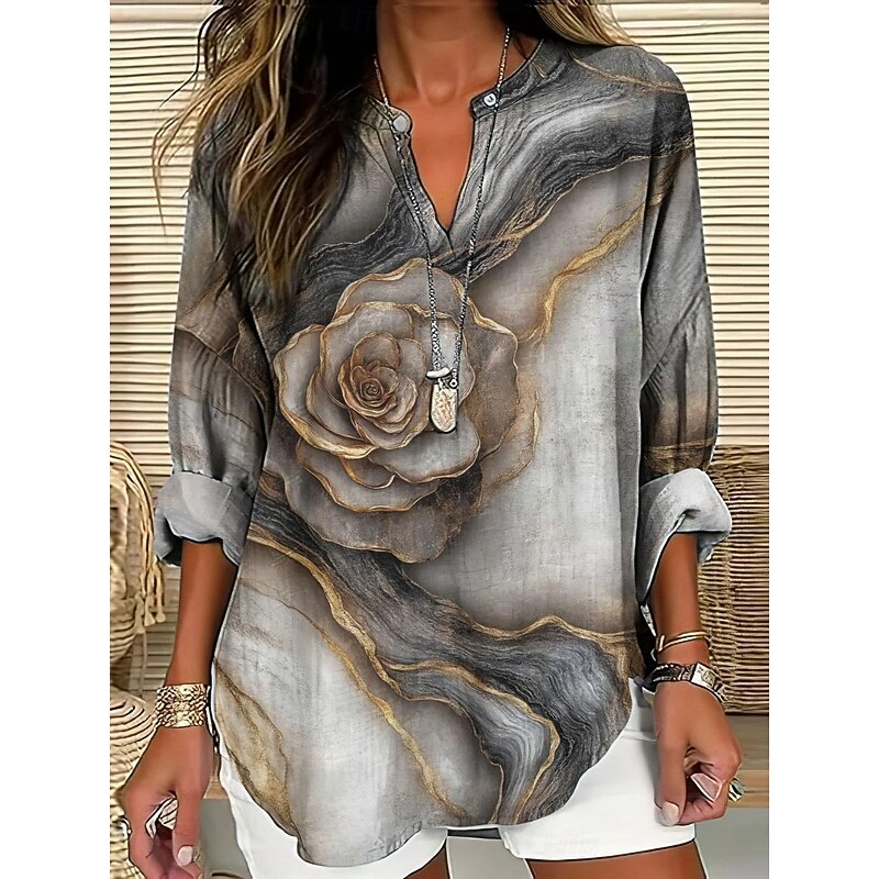 Women's Shirt Marble Rose Vintage Daily Casual Long Sleeve V Neck Regular Tops Daily Holiday Buttons Print Gray Spring Fall