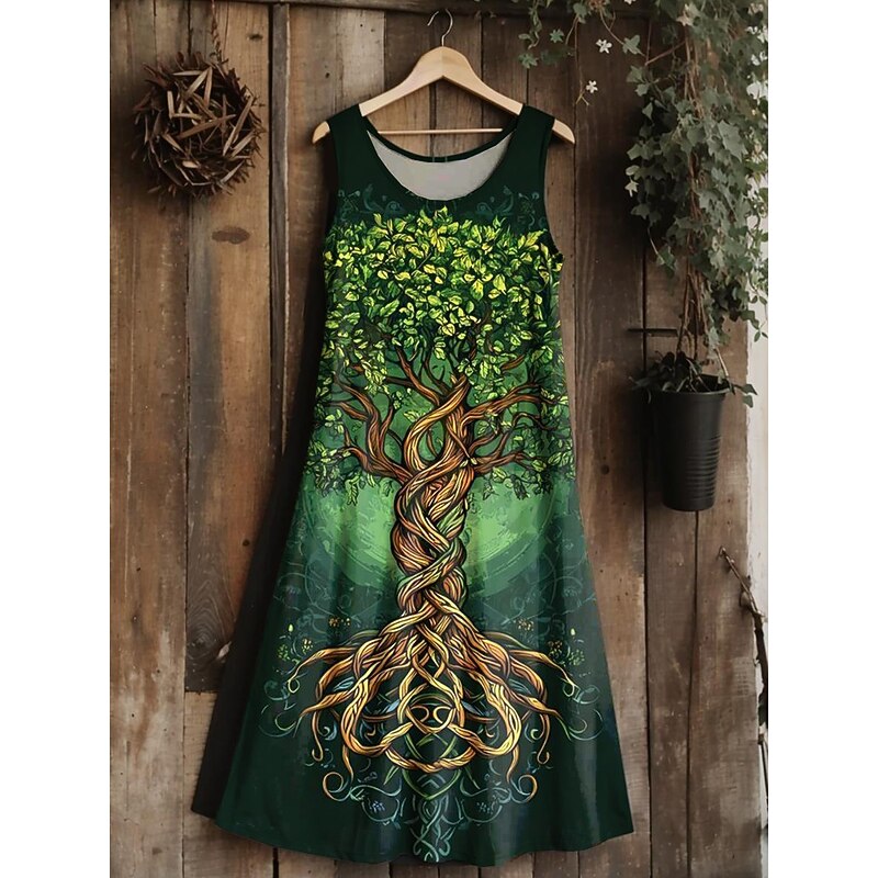Women's  tree of life Merkabah Midi Dress Sundress A Line Dress Vacation Casual Boho Wedding Party Going out Standard Fit Floral Graphic Leaf Sleeveless U Neck Silver