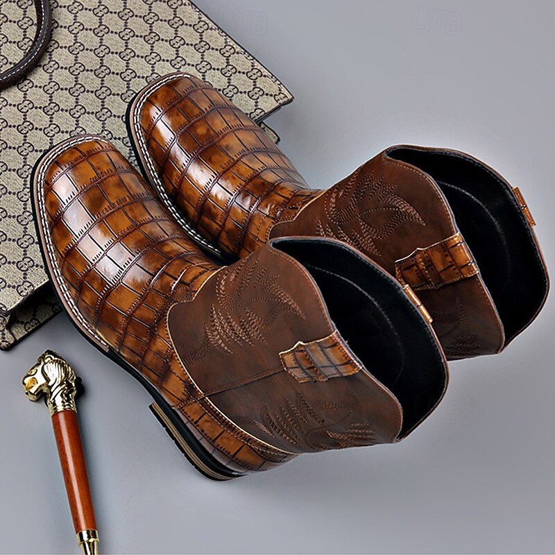 Men's Brown Faux Leather Crocodile Print Western Boots – Exotic Cowboy Style Footwear for Casual and Country Events4