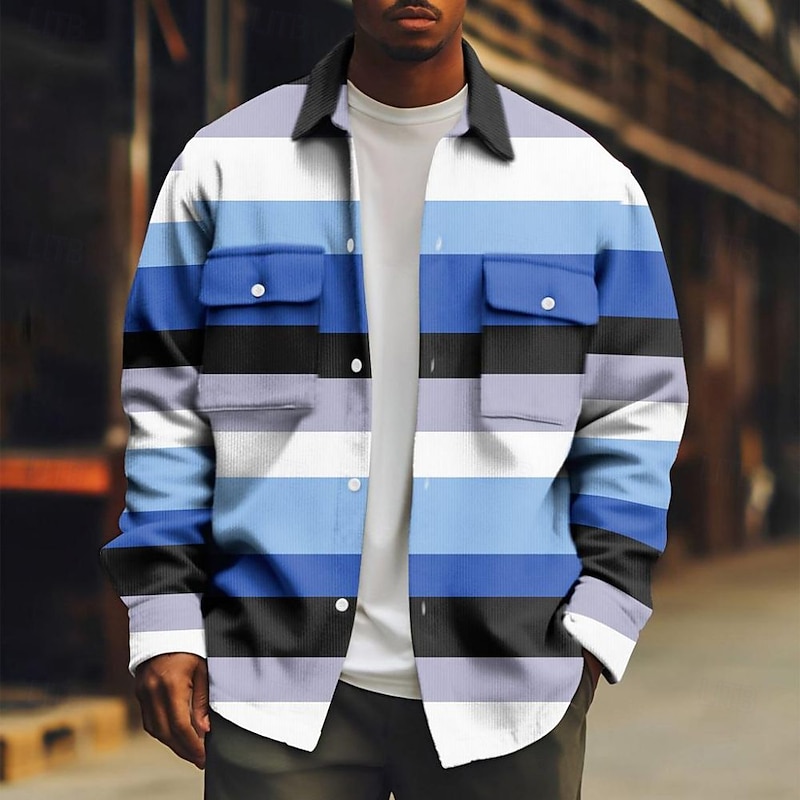 Men's Horizontal Stripes Corduroy Shirt Shacket Shirt Jacket Long Sleeve Casual Outdoor Dailywear Fall Winter Turndown Button-Down Warm Jacket with Flap Pockets Light Green Pink Blue Sky Blue Purple3