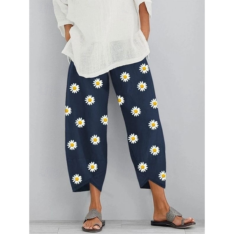 Women's Slacks Pants Trousers Vacation Vintage Ethnic Style Full Length High Waist Floral Graphic Geometic Elastic Waistband Comfy Breathability Soft Inelastic Outdoor Street Daily Black Navy Blue2
