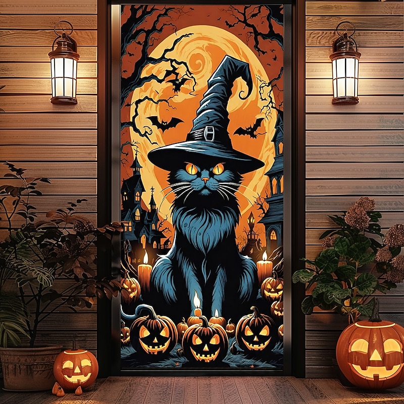 Halloween Door Covers Door Black Cat Tapestry Door Curtain Decoration Backdrop Door Banner for Front Door Farmhouse Holiday Party Indoor Outdoor Decor Supplies