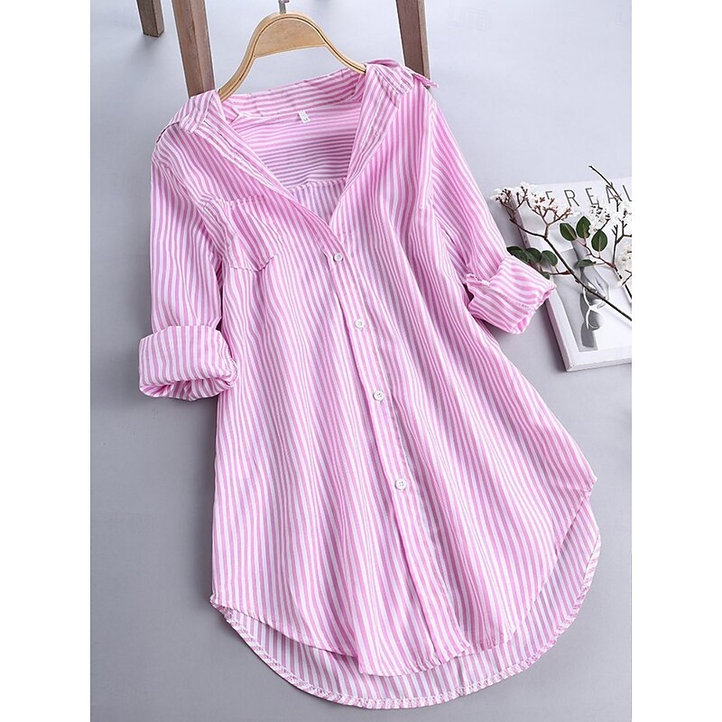 Women's Casual Jacket Shacket Comfortable Breathable Pocket Buttons Print Casual Stripe Vacation Street Daily Wear Going out Single Breasted Long Stand Collar Regular Fit Long Sleeve Outerwear Black2