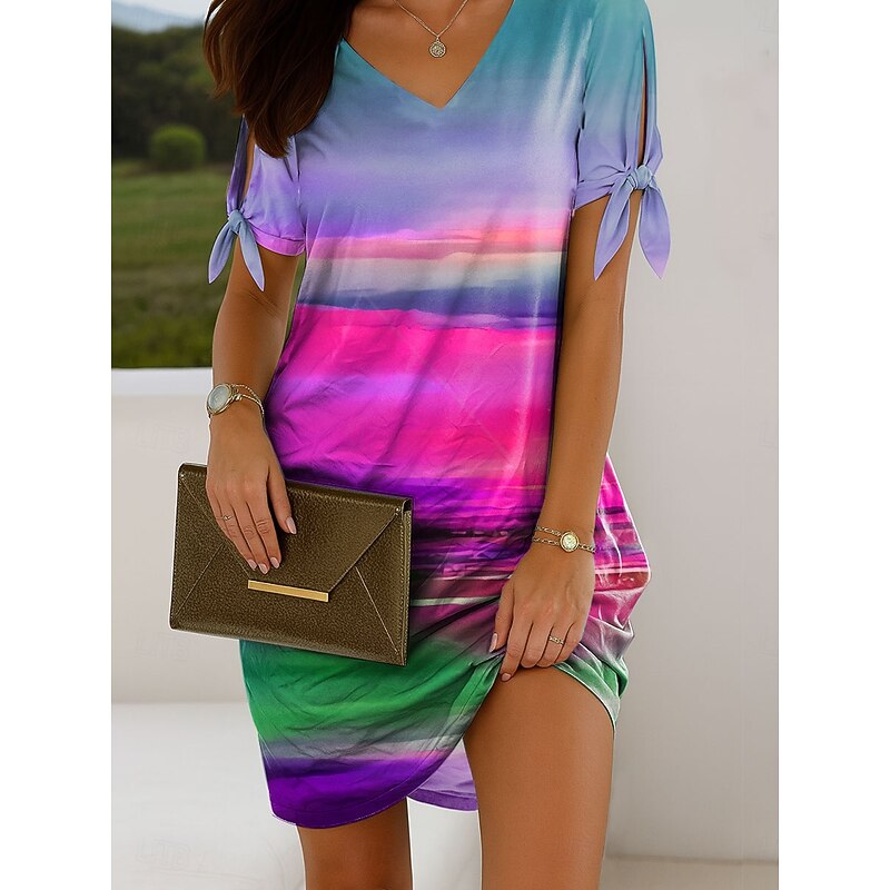 Women's Mini Dress Casual Dress T Shirt Dress Tee Dress Summer Dress Elegant Vacation Vintage Cold Shoulder Regular Fit Ombre Graphic Short Sleeve V Neck Pink Blue Orange Green Summer Spring4