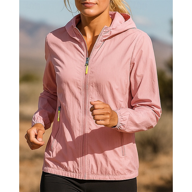 Women's Running Jacket Outdoor Jacket Pockets Full Zip Long Sleeve Outerwear Athletic Fall Solid Colored Waterproof Sun Protection Windproof Lightweight Fishing Hiking Running Sportswear Activewear