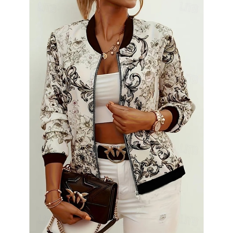 Women's Casual Jacket Warm Comfortable Print Active Vintage Retro Floral Party Casual Athleisure Casual Daily Short Stand Collar Regular Fit Long Sleeve Outerwear Light Grey Fall Winter