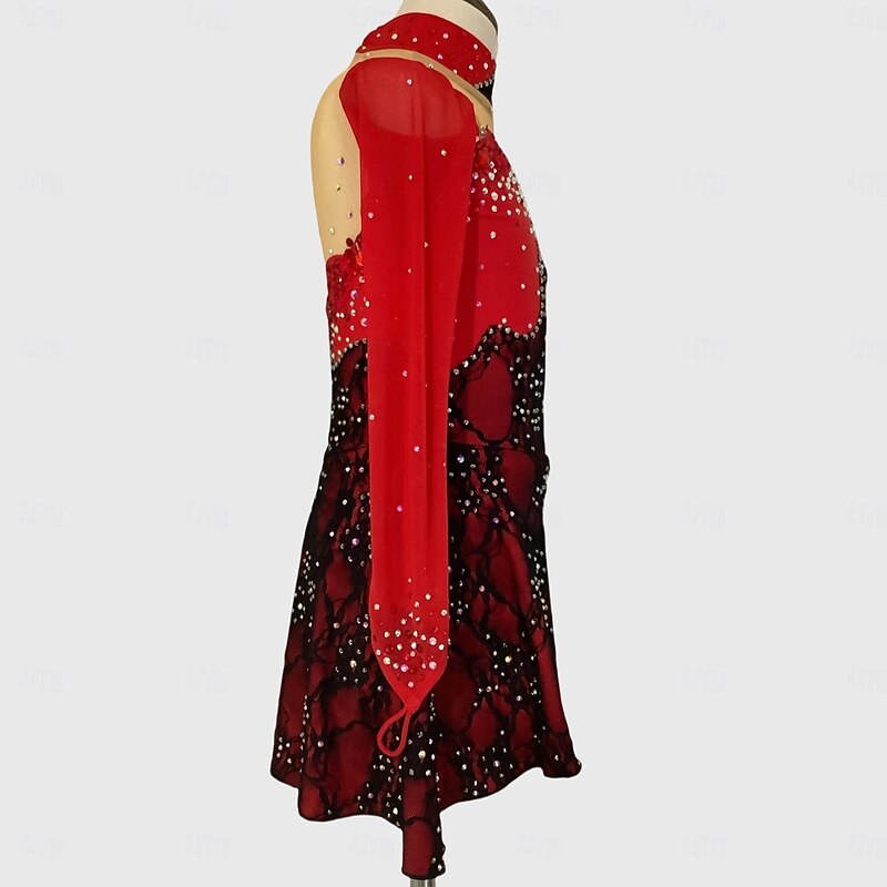 Figure Skating Dress Women's Girls' Ice Skating Dress Black+Red Thumbhole Asymmetric Hem Mesh Spandex Lace Stretchy Training Practice Professional Skating Wear Thermal Warm Classic Crystal4