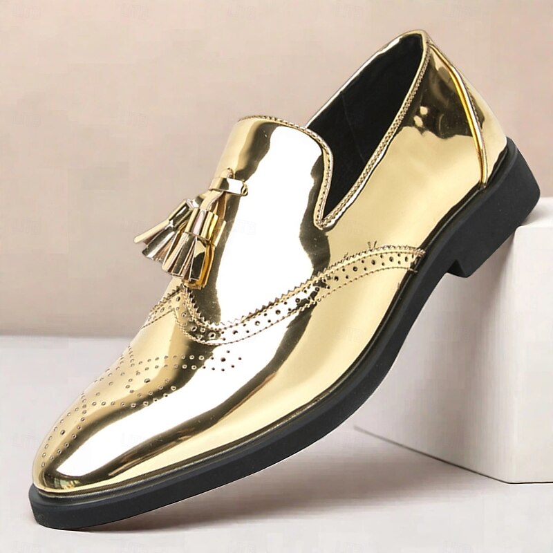 Men's Gold Tassel Loafers – Shiny Metallic Slip-On Dress Shoes for Weddings, Banquets & Evening Events