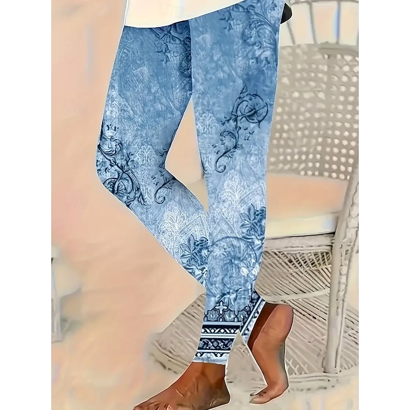 Women's Leggings Vacation Vintage Fashion Ankle-Length High Waist Floral Graphic Paisley Printing Soft Breathable High Elasticity Outdoor Daily Navy Light Blue Spring Fall Winter Slim Fit