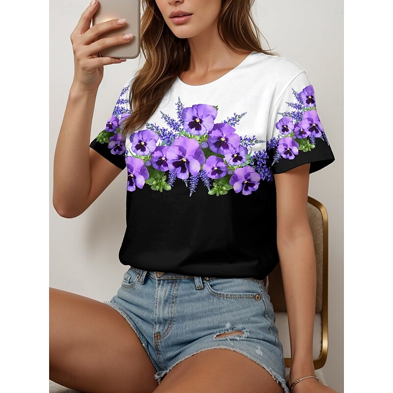 Women's T Shirt Floral Graphic Vintage Stylish Classic Short Sleeve Crew Neck Round Neck Regular Tops Daily Going out Weekend Print Black and White Yellow Pink Blue Purple Summer Spring Fall4