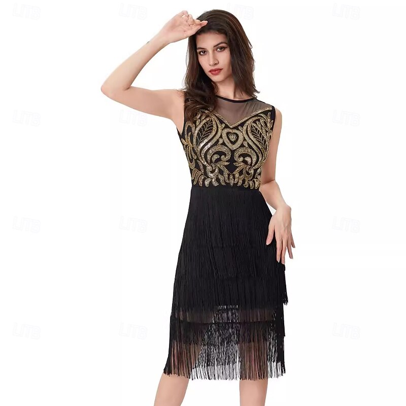 Retro Vintage Roaring 20s 1920s Knee Length Flapper Dress Cocktail Dress The Great Gatsby Flapper Girl Round Neck Fancy Dress Women's Christmas Halloween Carnival Wedding Evening Party Masquerade3