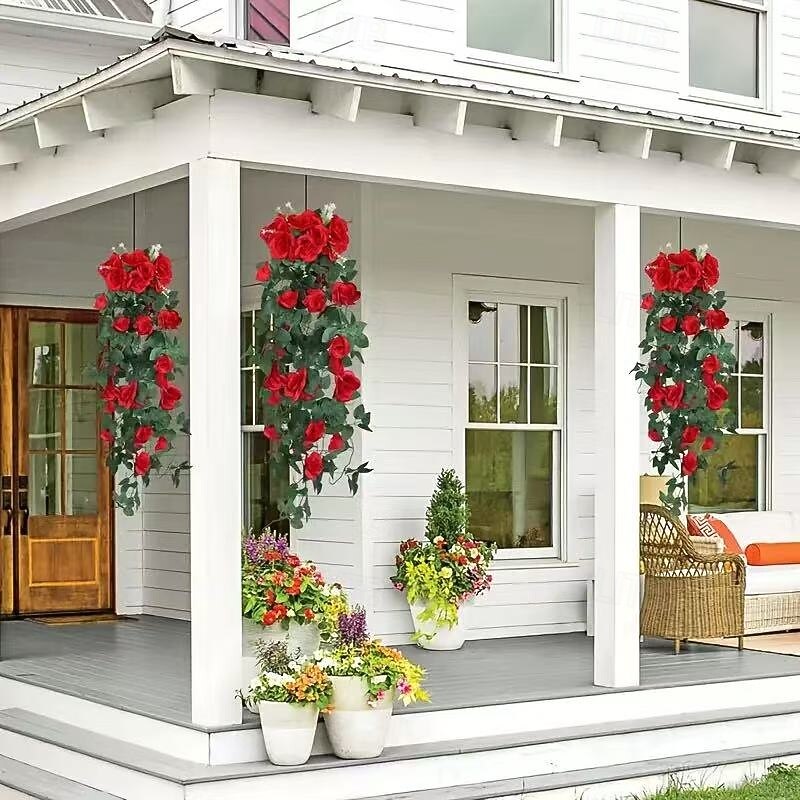 4 Pack Artificial Red Rose Vines with Green Leaves, Realistic Hanging Flowers for Wedding Christmas Decoration, Indoor Outdoor Home Garden Faux Floral Garland4