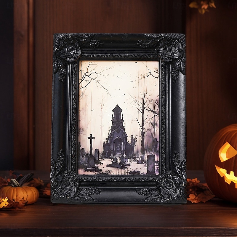 Halloween Resin Tombstone Photo Frame, Black Gothic Desktop Picture Frame Ornament for Halloween Bedroom, Office, and Study Table Decoration