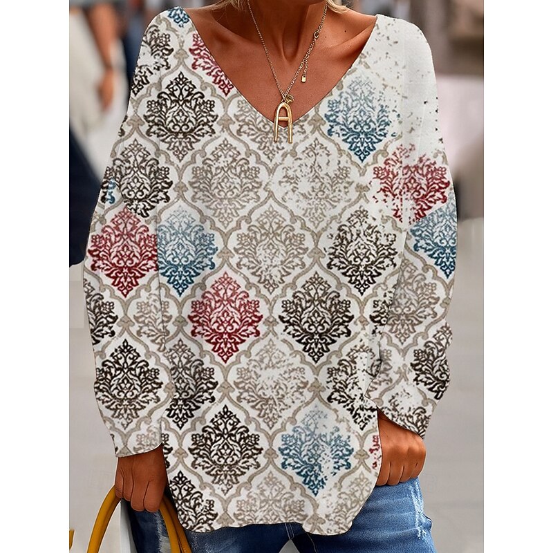 Women's Blouse Floral Bohemia Vintage Long Sleeve V Neck Regular Tops Daily Holiday Print White Wine Red Green Summer Spring Fall4