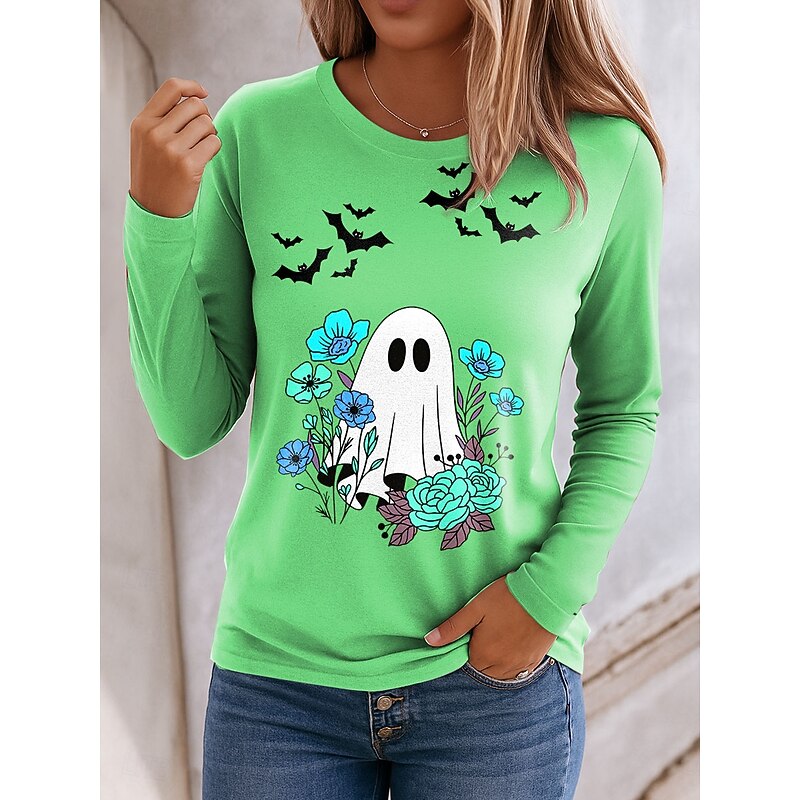 Halloween Women's T shirt Ghost Crew Neck Long Sleeve Tunic Floral Graphic Vintage Stylish Classic Regular Tops Daily Print Pink Blue Green Khaki Spring Fall4