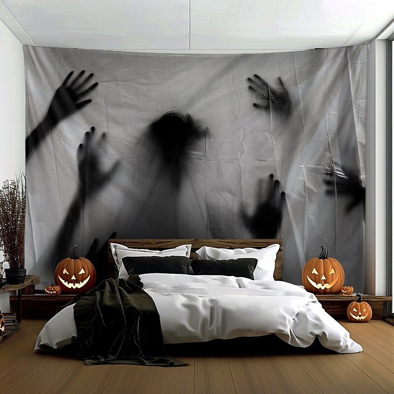 Halloween Hanging Tapestry Ghost Hand Photograph Backdrop Jack O Lantern Wall Art Large Tapestry Mural Decor Blanket Curtain Home Bedroom Living Room Decoration Death Selfie2