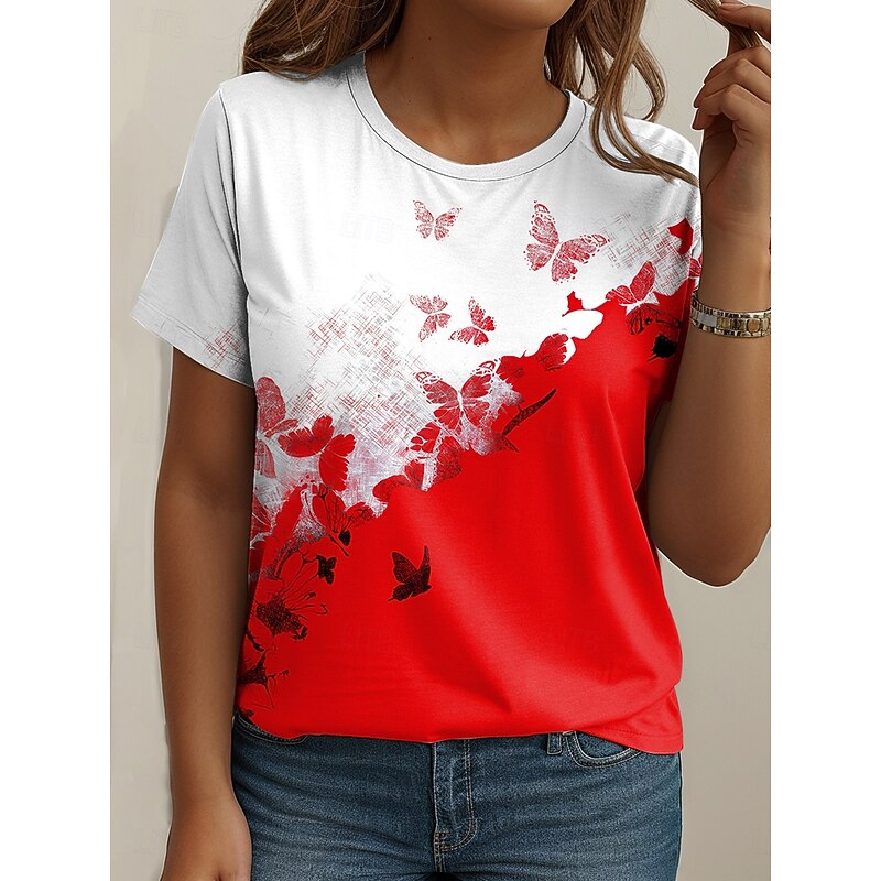 Women's Plus Size Tops T Shirt Graphic Butterfly Print Short Sleeve Crew Neck Casual Daily Knit Summer Spring Black Red