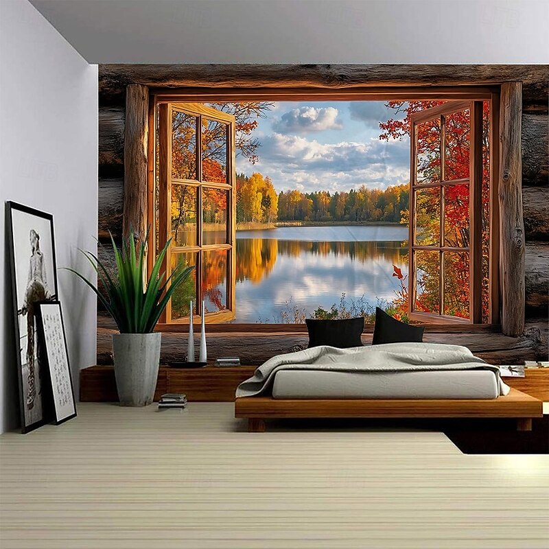 Fall Autumn Yellow Leaves Plant Landscape Outside The Window 2d Flat Hanging Tapestry Mural Art Large-Scale Tapestry Mural Decoration Photos Background Carpet Curtains Home Bedroom Living Room Decora3
