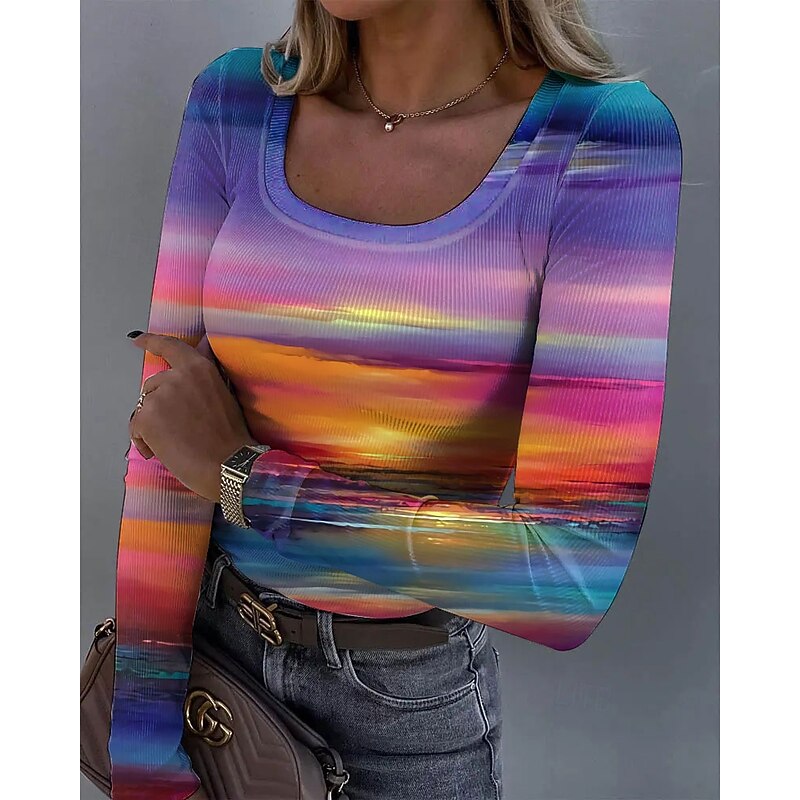 Women's T shirt Long Sleeve Ribbed Graphic Square Neck Long Sleeve Casual Tunic Ombre Vintage Stylish Regular Tops Daily Print Yellow Blue Purple Green Spring Fall Prefall