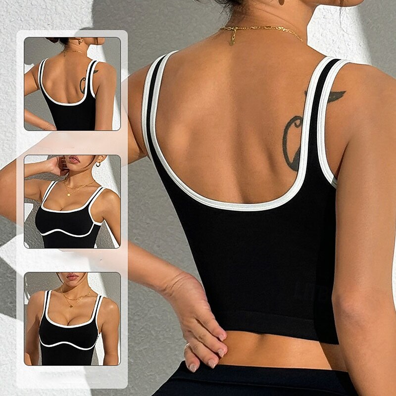 Women's Yoga Bra Sports Tank Top Pilates Bra Underwear Medium Support Breathable Contrasting Colors Solid / Plain Color Sport Activewear Light Blue Black Gym Pilates Running
