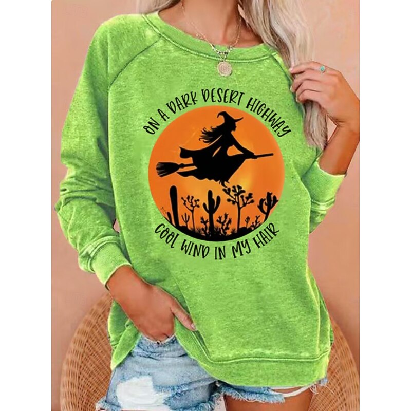 Halloween Women's Pullover Sweatshirt Witch Graphic Fashion Casual Long Sleeve Crew Neck Round Neck Regular Tops Casual Print White Light Green Wine Blue Light Grey Fall Winter2