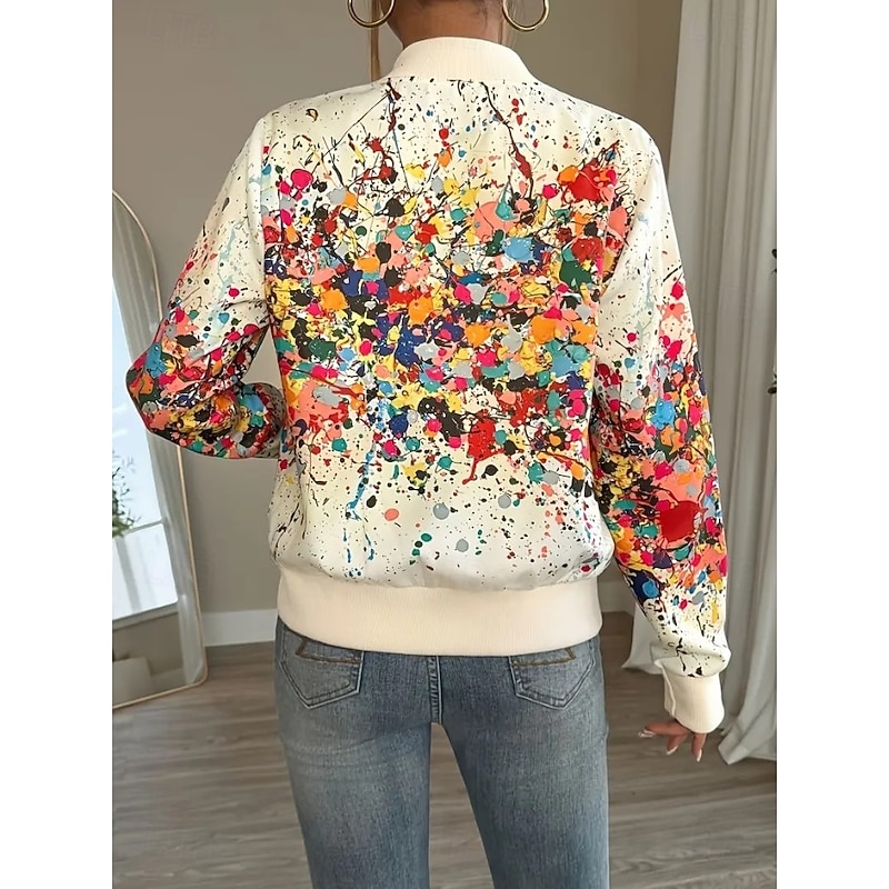 Women's Casual Jacket Comfortable Breathable Print Active Vintage Fashion Daily Abstract Casual Short Stand Collar Regular Fit Long Sleeve Outerwear Black White Pink Fall Winter3