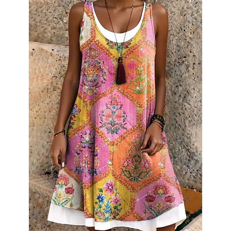 Women's Midi Dress Sundress A Line Dress Off The Shoulder Dress Vacation Casual Boho Daily Loose Fit Floral Graphic Paisley Sleeveless Crew Neck Orange Beige Summer Spring Fall