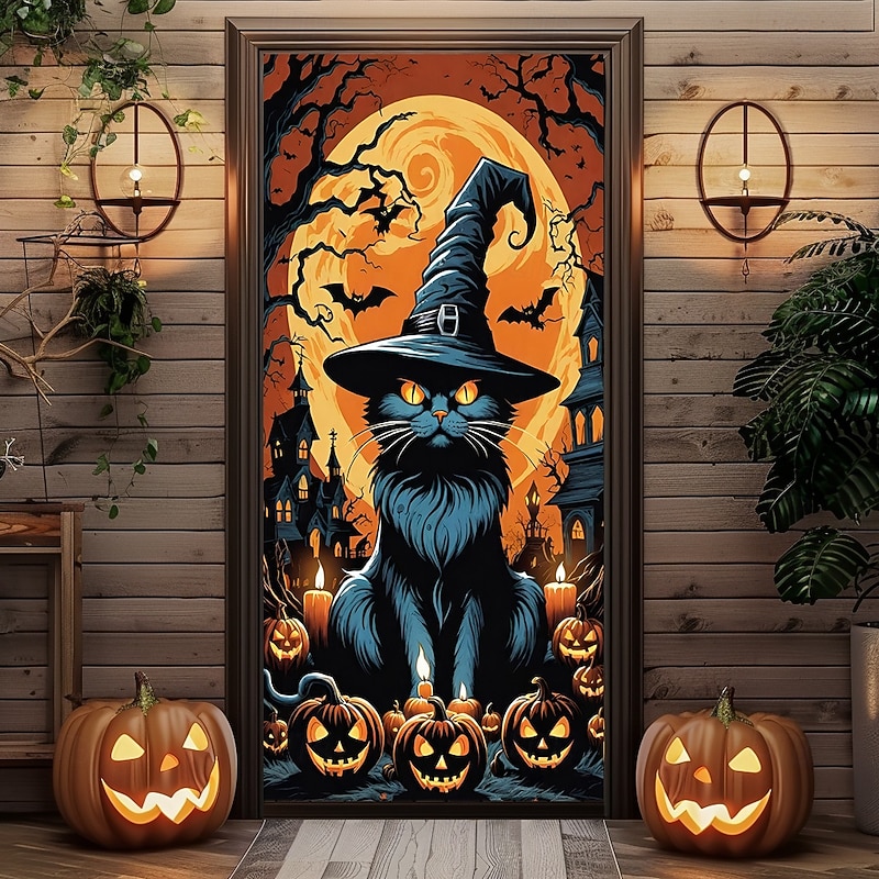 Halloween Door Covers Door Black Cat Tapestry Door Curtain Decoration Backdrop Door Banner for Front Door Farmhouse Holiday Party Indoor Outdoor Decor Supplies3